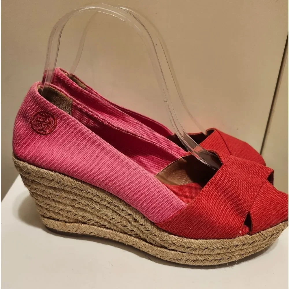 Tory Burch Red/Pink Canvas Peep Toe Wedge Heel Espadrilles Sz.9 $265